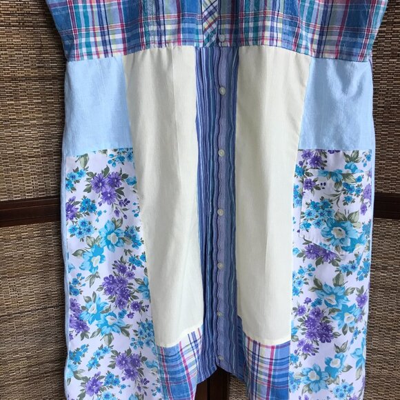 Patchwork Duster, Size L-XL: Upcycled Boho Sleeveless Floral Button-Down Dress - Picture 10 of 13
